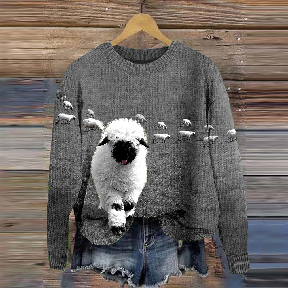 Koselig genser med rund hals og "Greetings from a stray sheep"-grafikk.