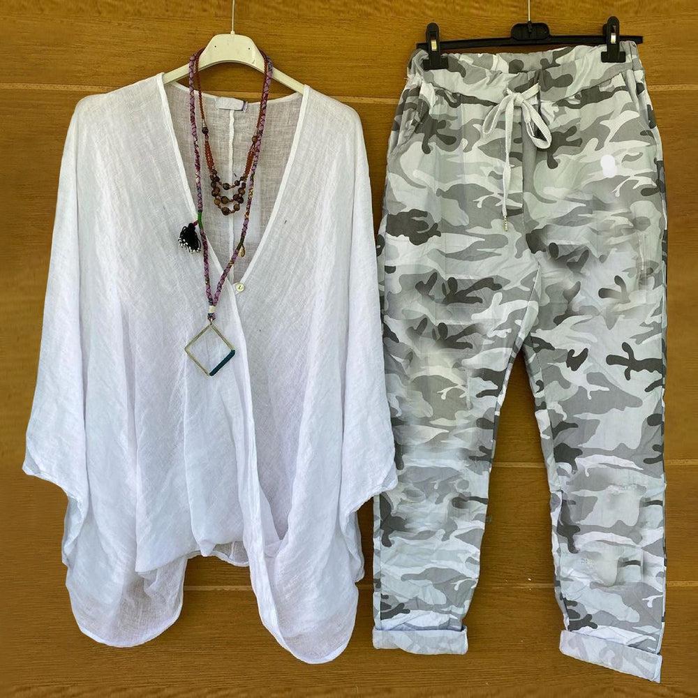 Gloria - Groovy Camouflage Drawstring Cuffed Pants White Tunika 2-delt sett